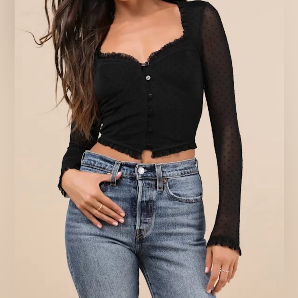 Lulus Sultry Approach Black Mesh Swiss Dot Bustier Long Sleeve Top – New
